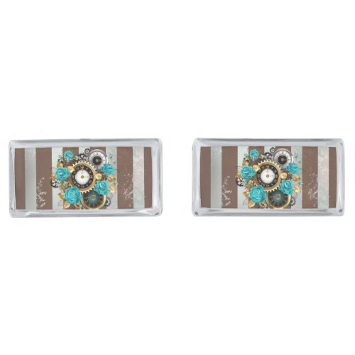 Steampunk Clock and Turquoise Roses on Striped Cufflinks