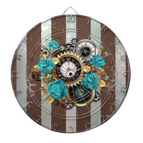 Steampunk Clock and Turquoise Roses on Striped Dart Board