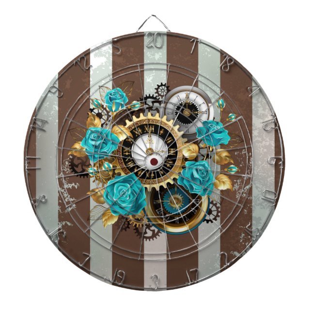 Steampunk Clock and Turquoise Roses on Striped Dart Board (Front)