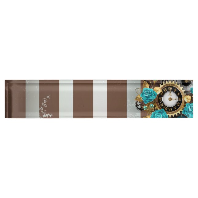 Steampunk Clock and Turquoise Roses on Striped Desk Name Plate (Front)