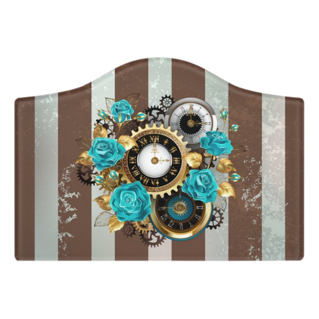 Steampunk Clock and Turquoise Roses on Striped Door Sign (Small Crest Front)