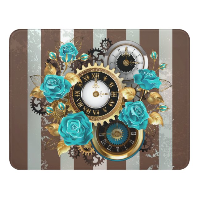 Steampunk Clock and Turquoise Roses on Striped Door Sign (Contemporary Front)