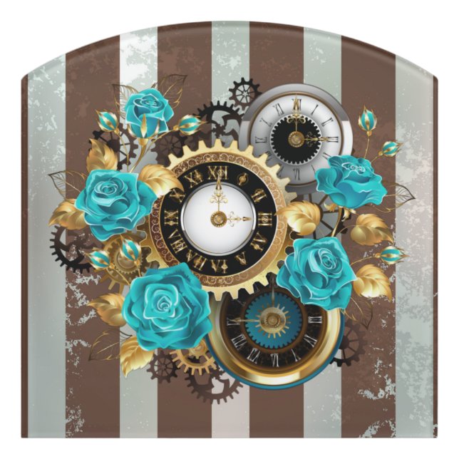 Steampunk Clock and Turquoise Roses on Striped Door Sign (Contour Front)