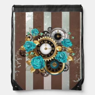 Steampunk Clock and Turquoise Roses on Striped Drawstring Bag