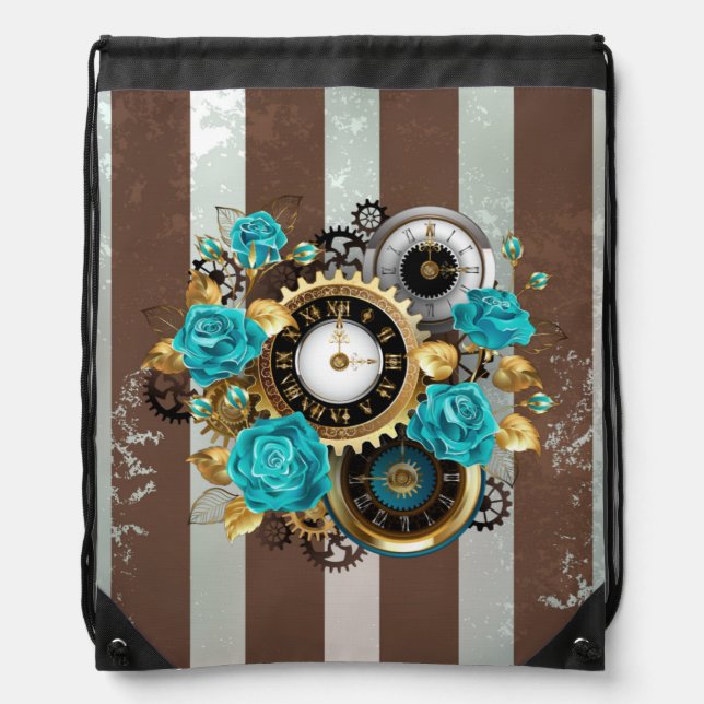 Steampunk Clock and Turquoise Roses on Striped Drawstring Bag (Front)
