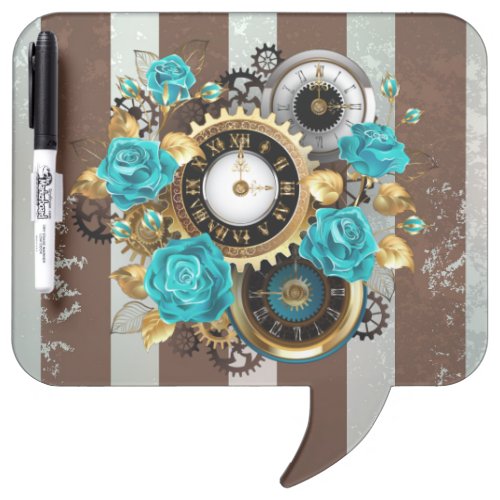 Steampunk Clock and Turquoise Roses on Striped Dry Erase Board