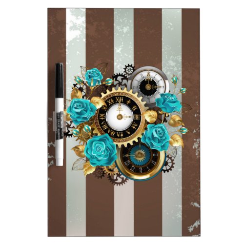 Steampunk Clock and Turquoise Roses on Striped Dry Erase Board