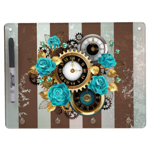 Steampunk Clock and Turquoise Roses on Striped Dry Erase Board With Keychain Holder