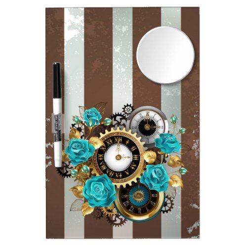 Steampunk Clock and Turquoise Roses on Striped Dry Erase Board With Mirror