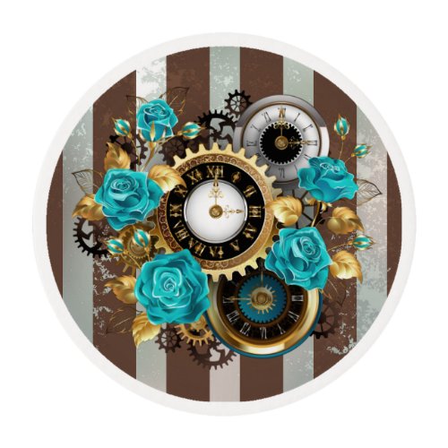 Steampunk Clock and Turquoise Roses on Striped Edible Frosting Rounds