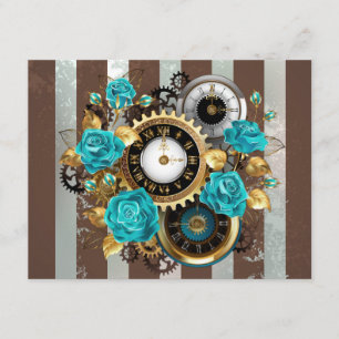 Steampunk Clock and Turquoise Roses on Striped Enclosure Card