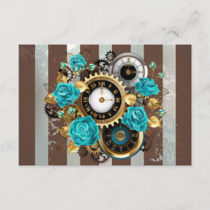 Steampunk Clock and Turquoise Roses on Striped Enclosure Card