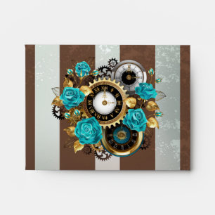 Steampunk Clock and Turquoise Roses on Striped Envelope