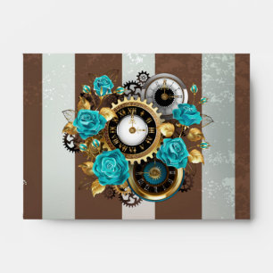 Steampunk Clock and Turquoise Roses on Striped Envelope