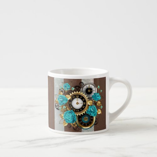 Steampunk Clock and Turquoise Roses on Striped Espresso Cup