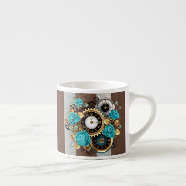 Steampunk Clock and Turquoise Roses on Striped Espresso Cup (Right)