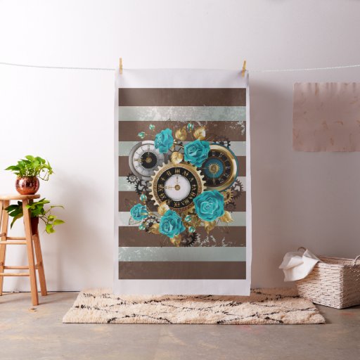 Steampunk Clock and Turquoise Roses on Striped Fabric