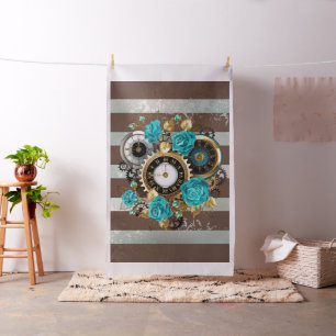 Steampunk Clock and Turquoise Roses on Striped Fabric