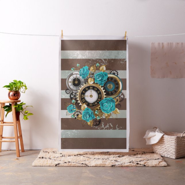 Steampunk Clock and Turquoise Roses on Striped Fabric (In Situ)