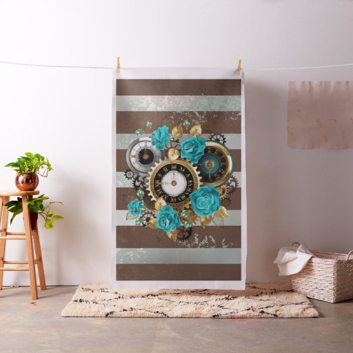 Steampunk Clock and Turquoise Roses on Striped Fabric