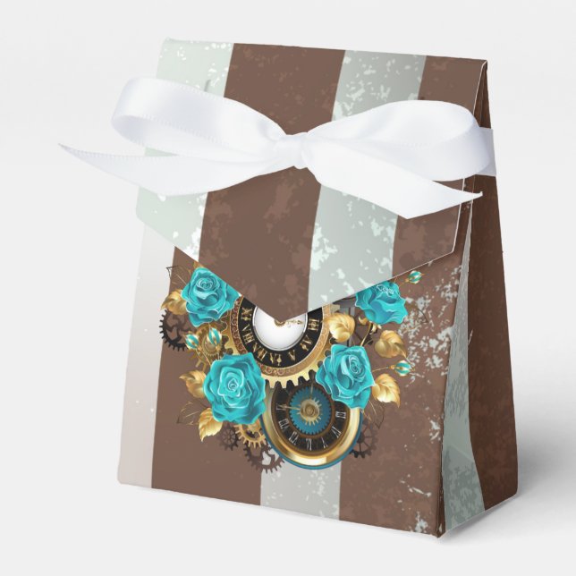 Steampunk Clock and Turquoise Roses on Striped Favor Boxes (Front Side)