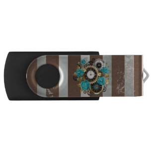 Steampunk Clock and Turquoise Roses on Striped Flash Drive