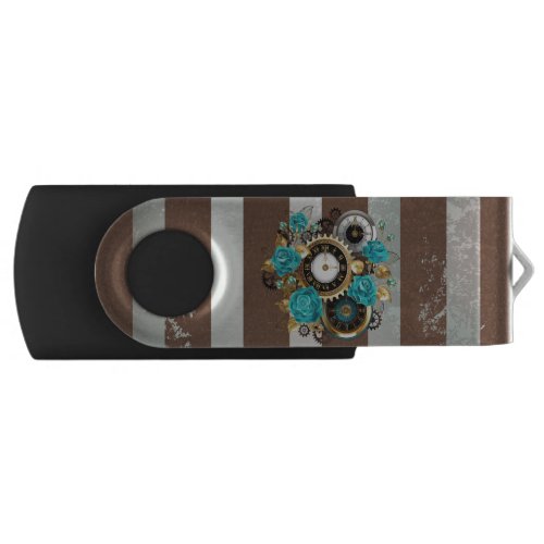 Steampunk Clock and Turquoise Roses on Striped Flash Drive