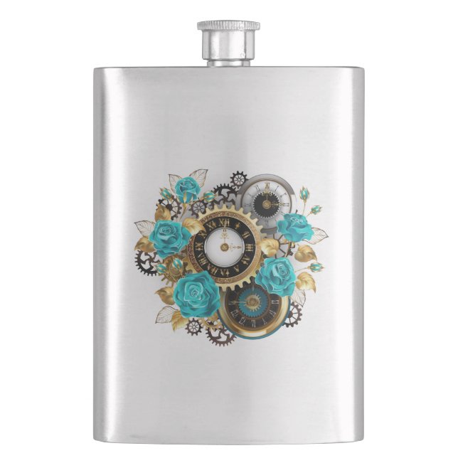 Steampunk Clock and Turquoise Roses on Striped Flask (Front)