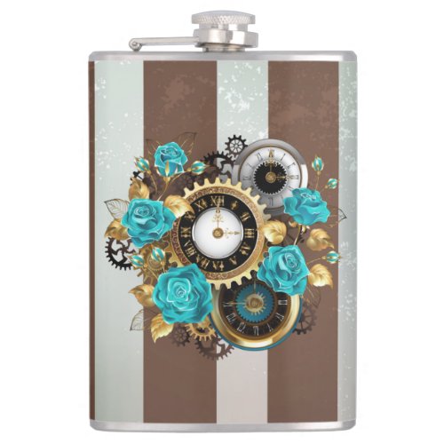 Steampunk Clock and Turquoise Roses on Striped Flask