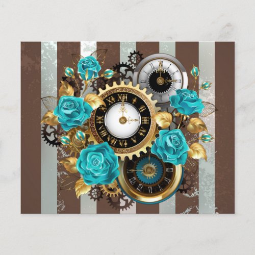 Steampunk Clock and Turquoise Roses on Striped Flyer