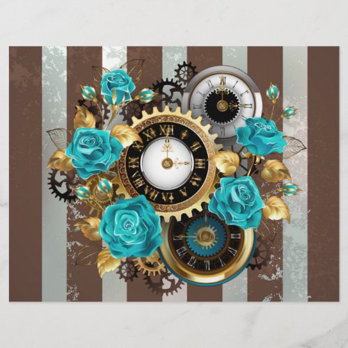 Steampunk Clock and Turquoise Roses on Striped Flyer