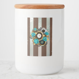 Steampunk Clock and Turquoise Roses on Striped  Food Label