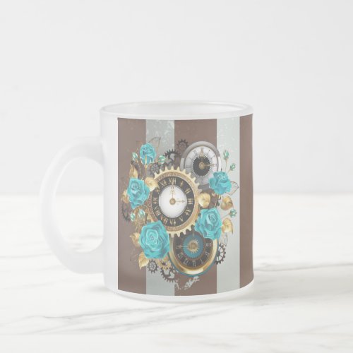 Steampunk Clock and Turquoise Roses on Striped Frosted Glass Coffee Mug