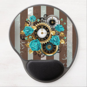 Steampunk Clock and Turquoise Roses on Striped Gel Mouse Pad