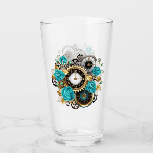 Steampunk Clock and Turquoise Roses on Striped Glass (Front)