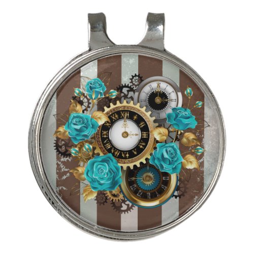 Steampunk Clock and Turquoise Roses on Striped Golf Hat Clip