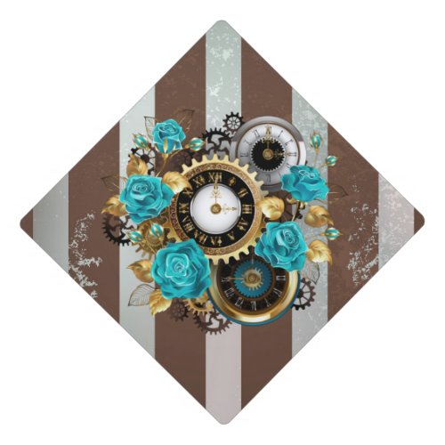 Steampunk Clock and Turquoise Roses on Striped Graduation Cap Topper