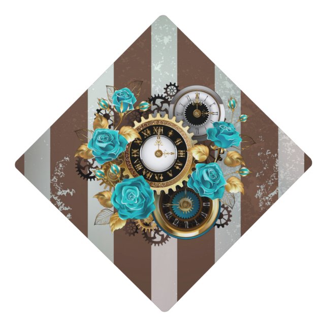 Steampunk Clock and Turquoise Roses on Striped Graduation Cap Topper (Front)