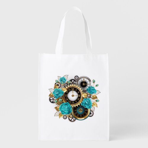 Steampunk Clock and Turquoise Roses on Striped Grocery Bag