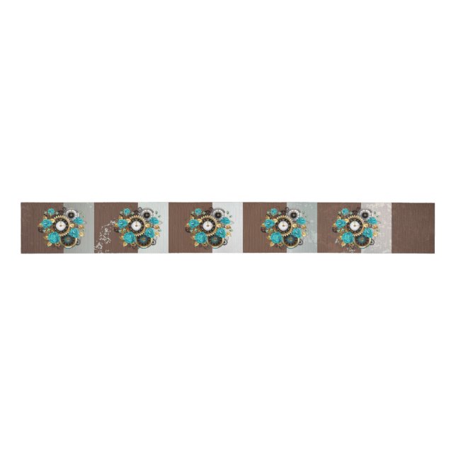 Steampunk Clock and Turquoise Roses on Striped Grosgrain Ribbon (Front)