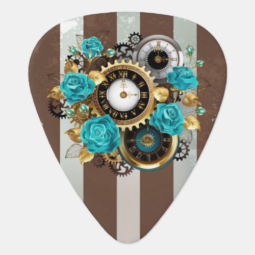 Steampunk Clock and Turquoise Roses on Striped Guitar Pick