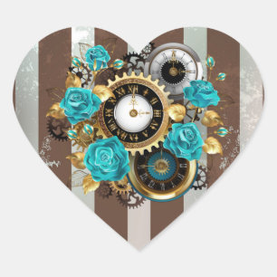 Steampunk Clock and Turquoise Roses on Striped Heart Sticker