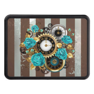 Steampunk Clock and Turquoise Roses on Striped Hitch Cover