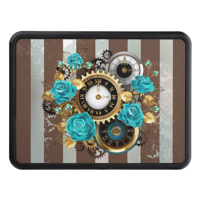 Steampunk Clock and Turquoise Roses on Striped Hitch Cover (Front)