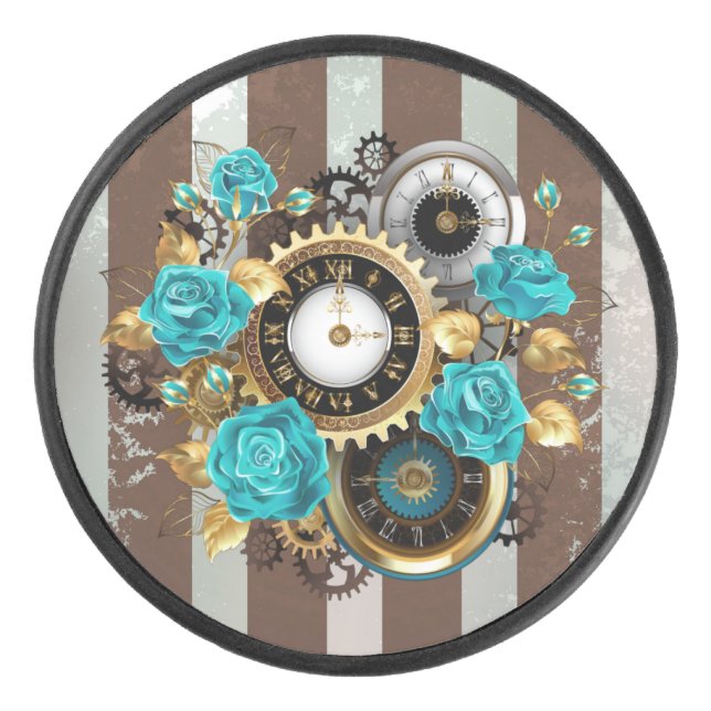 Steampunk Clock and Turquoise Roses on Striped Hockey Puck (Front)