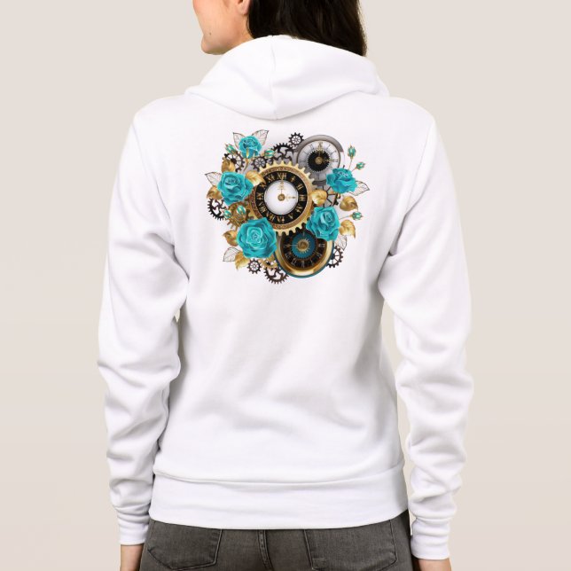 Steampunk Clock and Turquoise Roses on Striped Hoodie (Back)