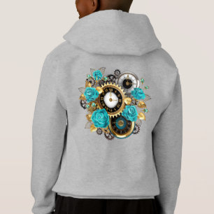 Steampunk Clock and Turquoise Roses on Striped Hoodie