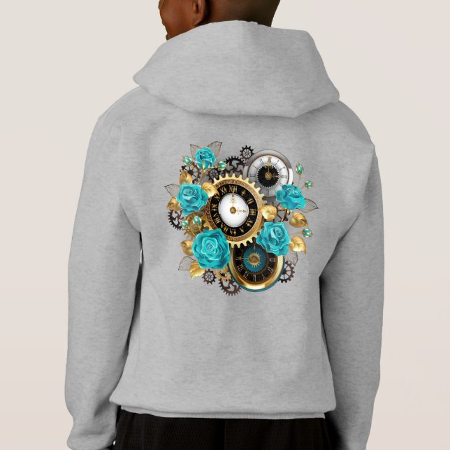 Steampunk Clock and Turquoise Roses on Striped Hoodie (Back)