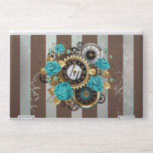 Steampunk Clock and Turquoise Roses on Striped HP Laptop Skin