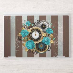 Steampunk Clock and Turquoise Roses on Striped HP Laptop Skin
